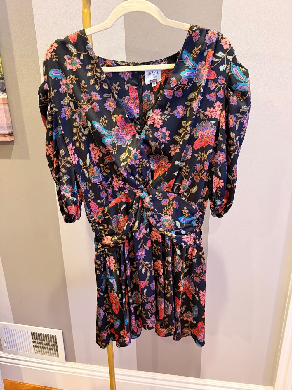Misa Los Angeles Black Floral Twist-Waist Mini Dress with Multicolor Blooms